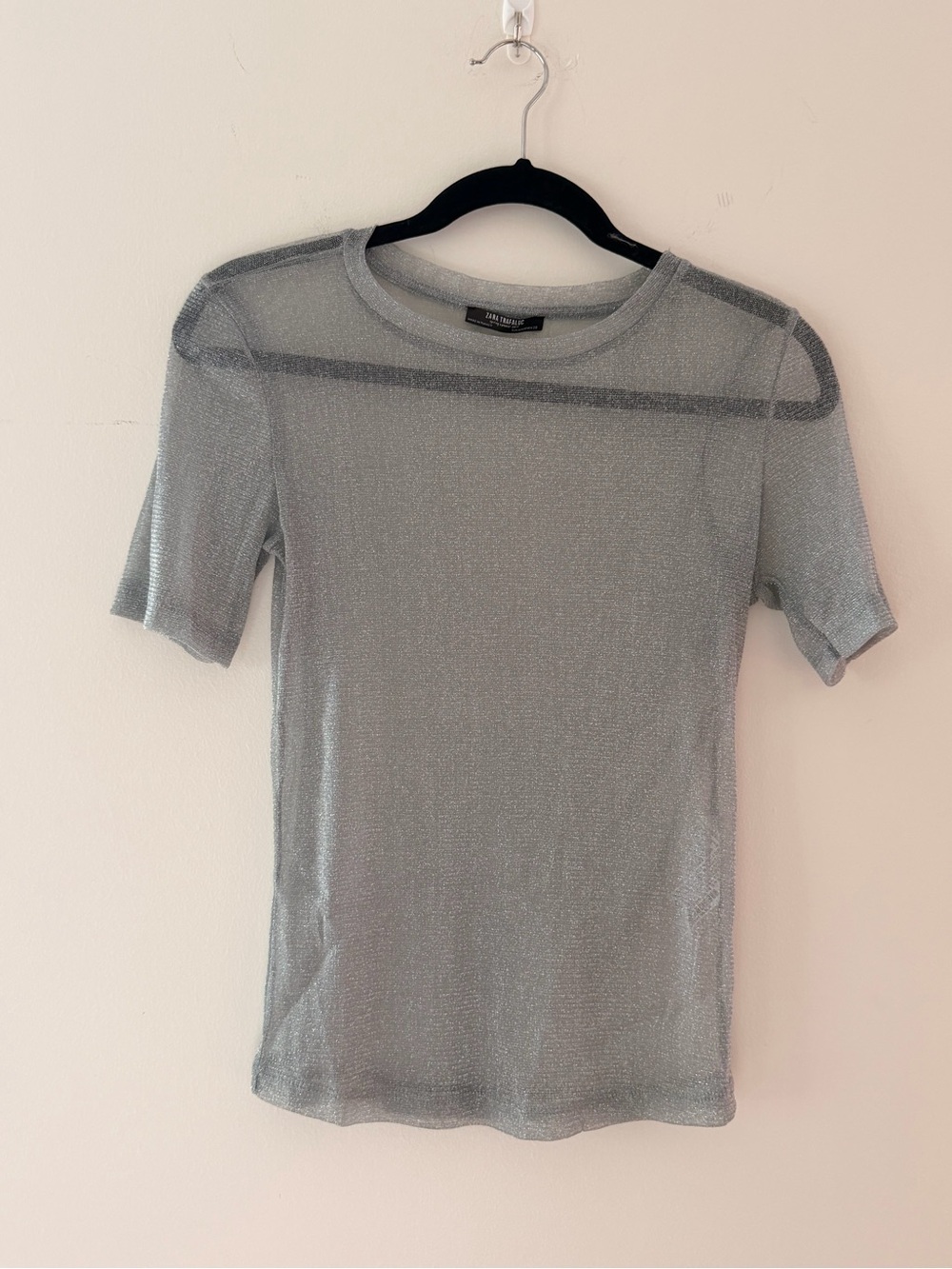 ZARA Silver Sheer Metallic Short Sleeve Top